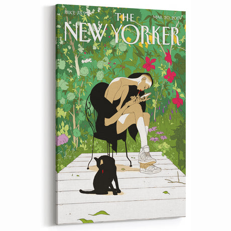 Vintage New Yorker Poster - Woman and Cat in Lush Garden