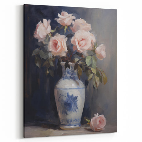Vintage Botanical Art Prints: Roses in Blue Vase