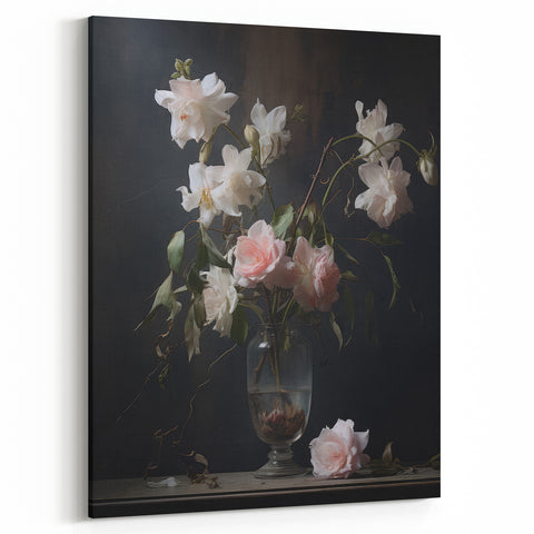 Vintage Botanical Art Prints – Soft Pink Roses in Vase Illustration