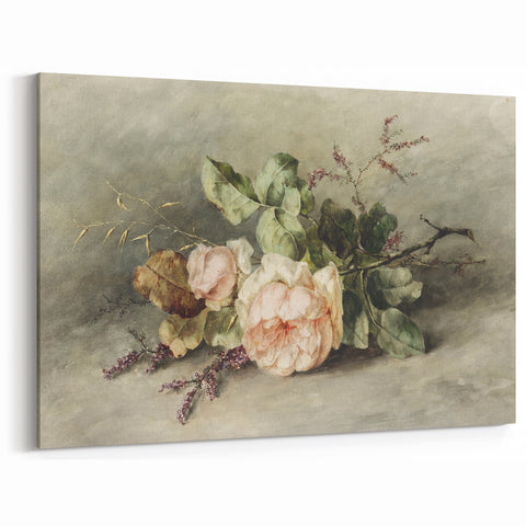 Vintage Floral Art – Soft Peach Roses & Greenery Wall Print