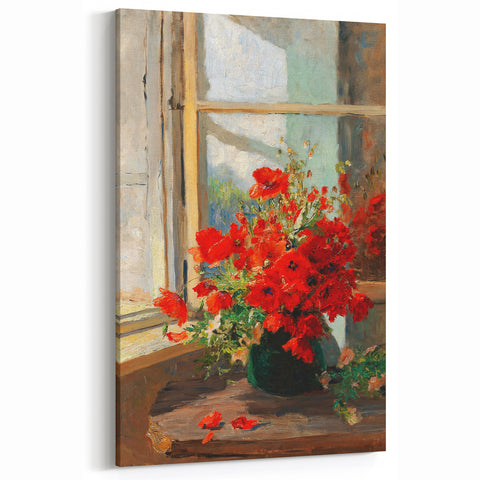 Vintage Red Poppies in Vase by Window – Framed Wall Art