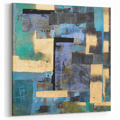 Abstract Moody Modern Wall Art - Blue, Gold & Black Geometric Design