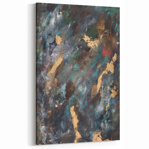 Dark Moody Modern Wall Art - Abstract Black, Teal & Gold Painting