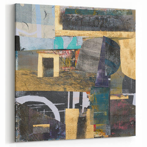 Geometric Moody Modern Wall Art - Black, Gold & Teal Abstract Print