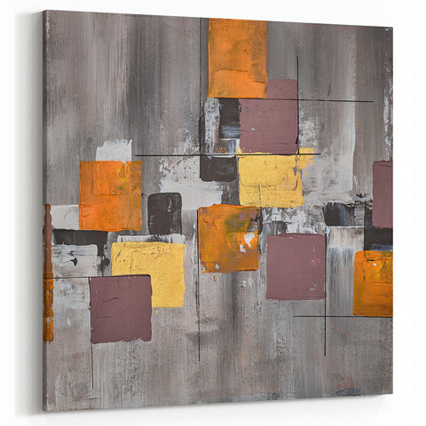 Geometric Moody Modern Wall Art - Abstract Gray, Gold & Orange Print