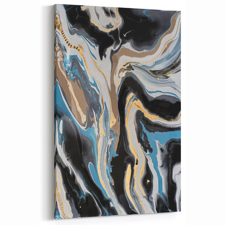 Modern Abstract Paintings – Fluid Gold and Blue Swirl Wall Art