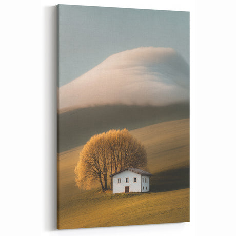 Golden Tree & Cottage Landscape Art – Nature-Inspired Wall Art