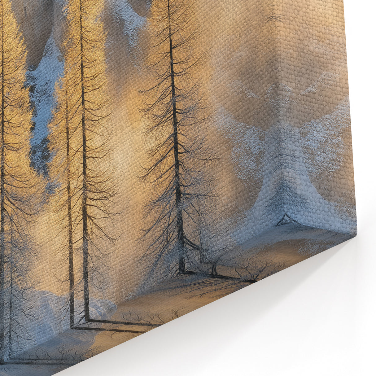 Golden Trees in Snowy Mountains – Winter Nature Art Print