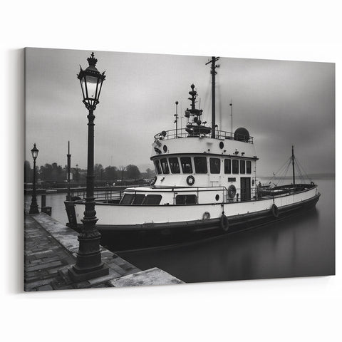 Vintage Tugboat in Fog – Black & White Fine Art Photography Print