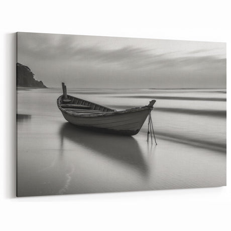 Solitary Boat on Silent Shores – Fine Art Black & White Photography
