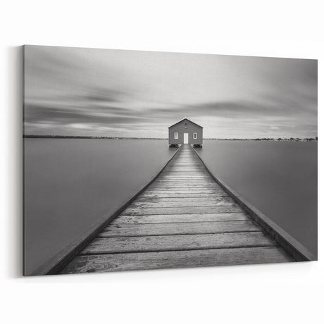 Serene Pier and Solitary House – Minimalist Black & White Wall Art