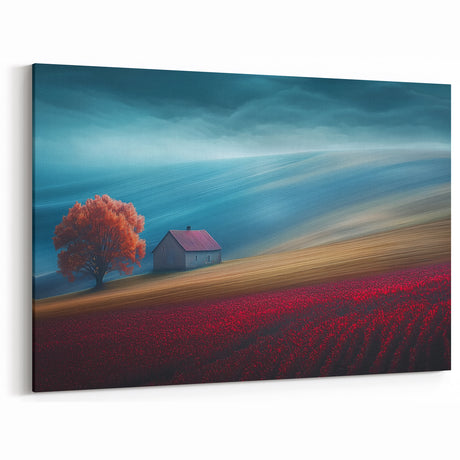 Crimson Tree on Rolling Hills – Landscape Art Prints & Wall Decor