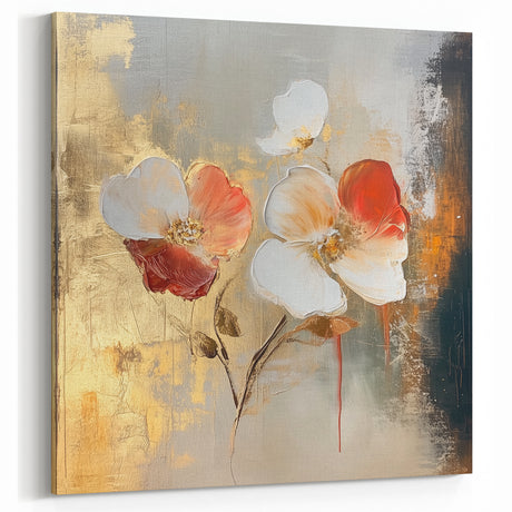 Elegant Abstract Floral Wall Art – Gold & Red Modern Canvas Print