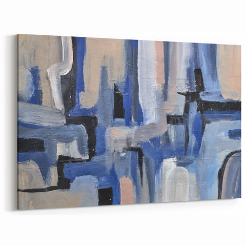 Geometric Abstract Paintings - Blue & Beige Modern Wall Art