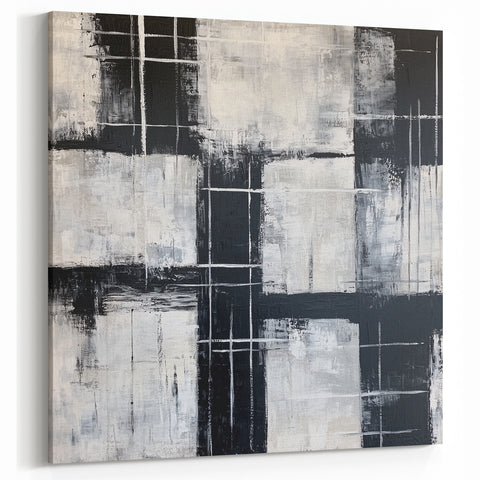 Geometric Abstract Paintings - Black & White Minimalist Wall Art