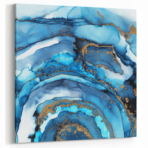 High-End Abstract Canvas Print – Ocean Blue & Gold Wall Art
