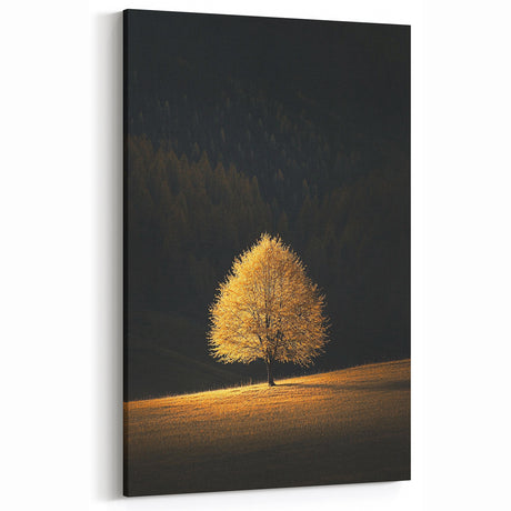 Minimalist Mountain Wall Art – Golden Tree in Sunlight Print