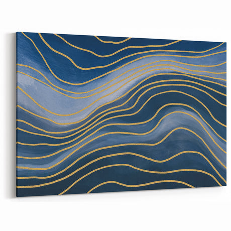 Fluid Abstract Wall Art – Navy Blue & Gold Wave Canvas