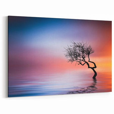 Minimalist Landscape Wall Art – Vibrant Tree at Sunset Water Scene