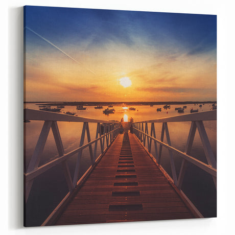 Minimalist Coastal Landscape Art – Sunset Pier with Boats Wall Print