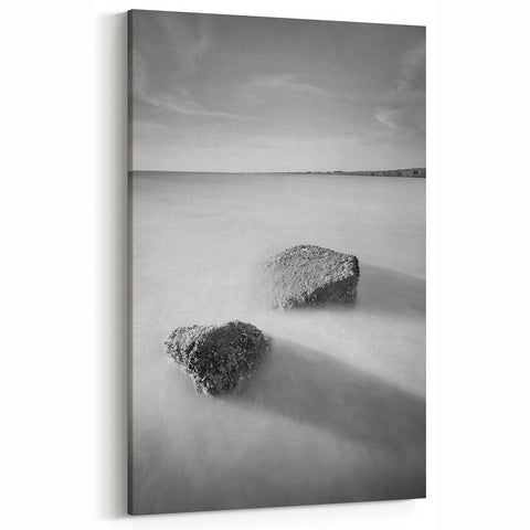 Black and White Minimalist Landscapes – Calm Ocean Rock Scene Print