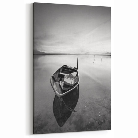 Black and White Minimalist Landscapes – Solitary Boat on Still Water Art