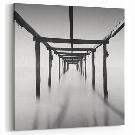 Minimalist Coastal Landscape Art – Pier Perspective in Monochrome