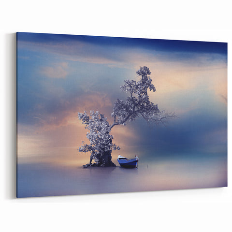 Contemporary Minimalist Nature Art – Tranquil Boat and Tree Scene