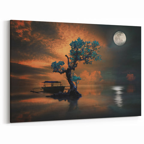 Minimalist Landscape Wall Art – Moonlit Tree and Boat Reflections