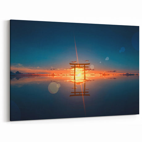 Minimalist Coastal Landscape Art – Torii Gate at Sunrise Reflection