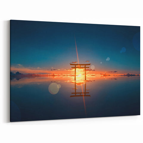 Minimalist Coastal Landscape Art – Torii Gate at Sunrise Reflection