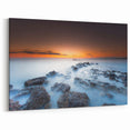Minimalist Coastal Landscape Art – Sunset Mist Over Rocky Shoreline