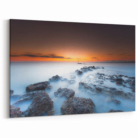 Minimalist Coastal Landscape Art – Sunset Mist Over Rocky Shoreline