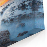Minimalist Coastal Landscape Art – Sunset Mist Over Rocky Shoreline