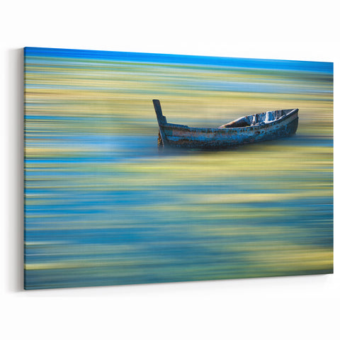 Minimalist Landscape Wall Art – Teal Boat on Blurred Water Motion