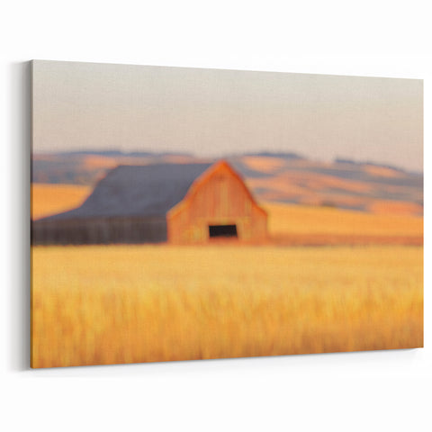 Minimalist Coastal Landscape Art – Blurred Barn in Golden Fields