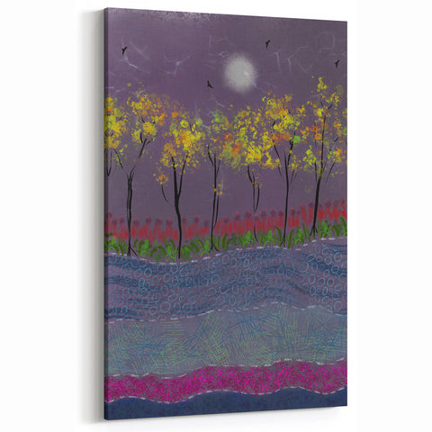 Abstract Minimalist Landscape Paintings – Forest Glow by Moonlight