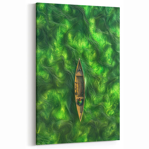 Minimalist Coastal Landscape Art – Tranquil Boat in Green Waters