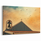 Modern urban landscape art – Church rooftop with sunset sky print