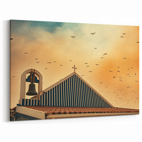 Modern urban landscape art – Church rooftop with sunset sky print