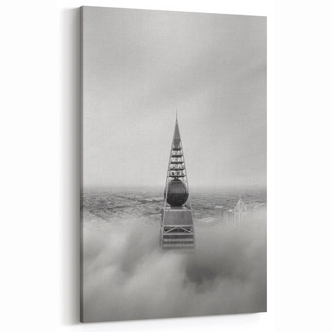 Cityscape photography prints – Iconic spire above the city clouds