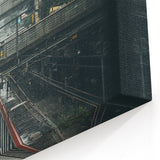 Modern Urban Landscape Art – Rainy Tram Through City Towers