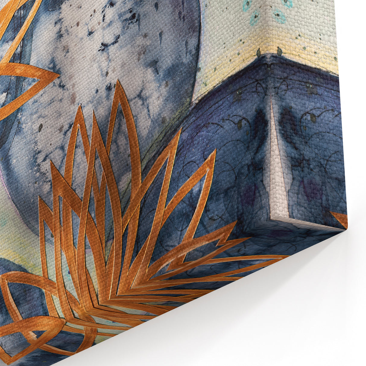 Contemporary Framed Abstract Art – Gold Lotus Over Blue Textures