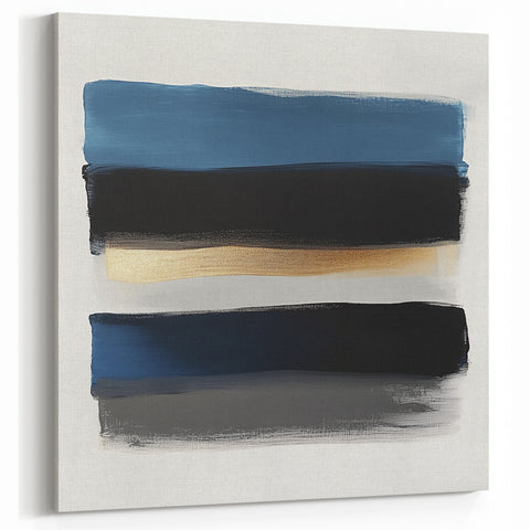 Modern Abstract Wall Art – Black and Blue with Gold Brush Texture