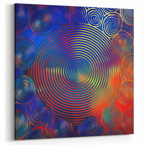 Modern Abstract Wall Art – Red, Blue & Gold Radiating Circle Design
