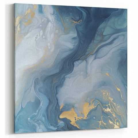 Fluid Abstract Canvas Art – Navy, Gray & Gold Marble-Inspired Flow