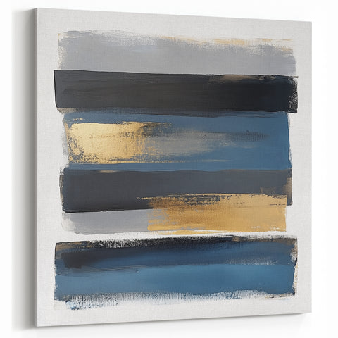 Modern Abstract Wall Art – Navy, Gold & Gray Horizontal Brushstrokes