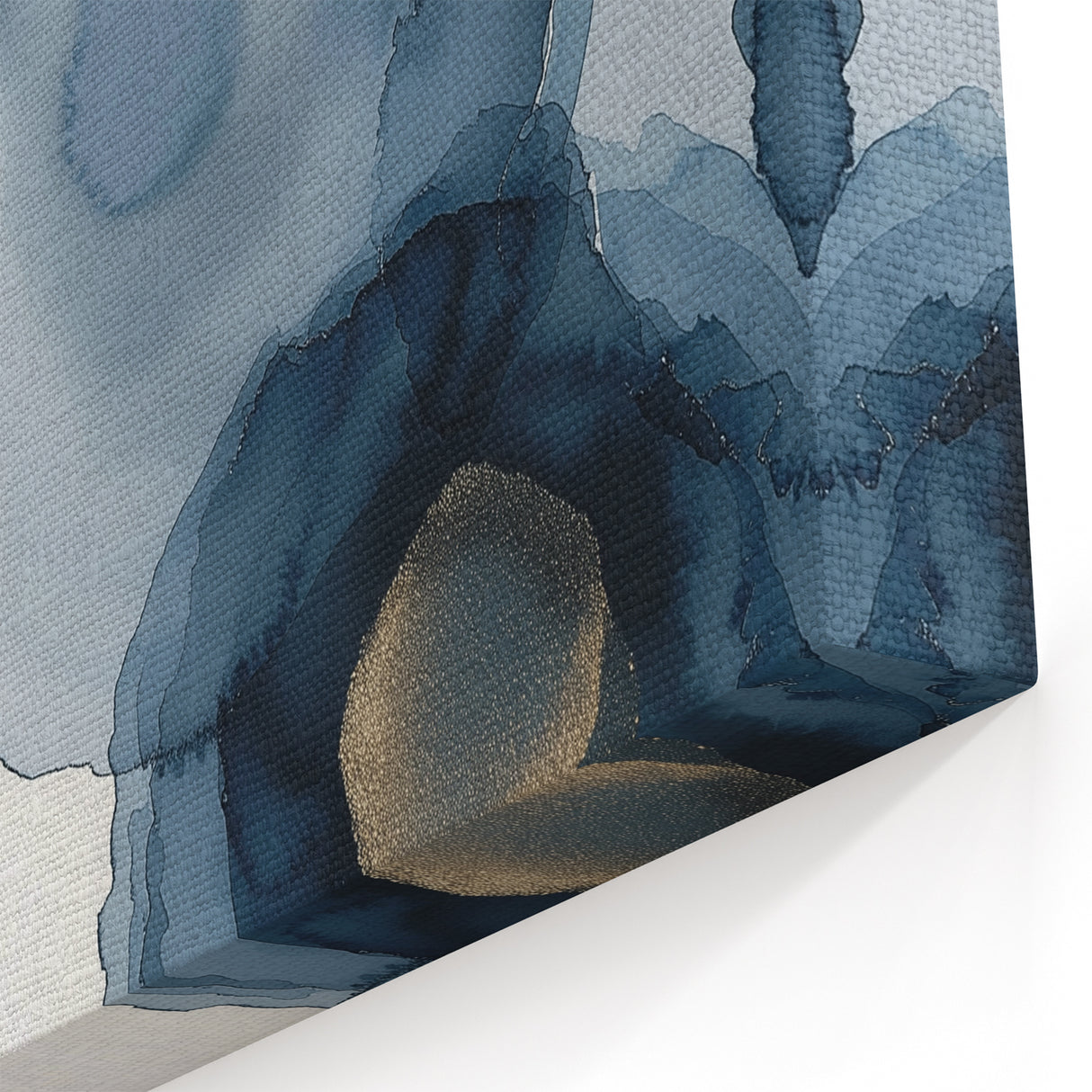 Abstract Wall Art – Navy and Gold Floral Ink Wash with Modern Flow