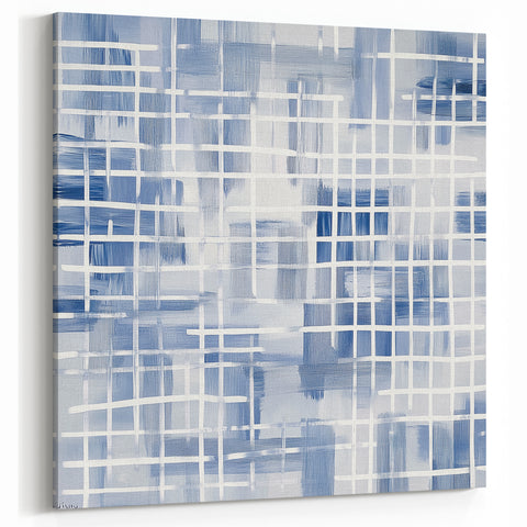 Large Abstract Wall Art – Blue Grid Modern Geometric Wall Decor