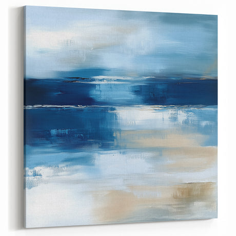Large Abstract Wall Art – Coastal Blue and Beige Horizontal Canvas